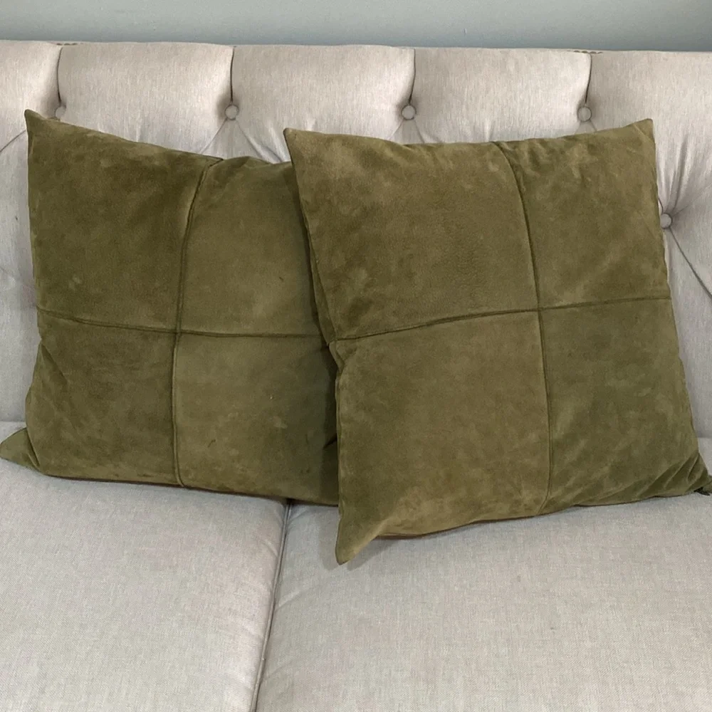 Crate & Barrel accent sofa pillows (2) Dust Suede Spruce green 20” feather fill